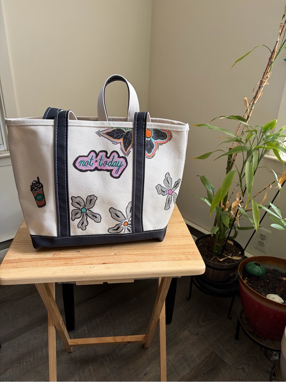 L.L. Bean White Canvas Tote with Navy Trim and Floral painting